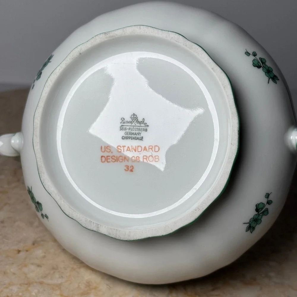 Rosenthal Chippendale Sugar Bowl Lid Green Floral White Porcelain Germany 08 ROB